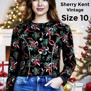 Vintage Sherry Kent Holiday Top / Gold Roses Buttons Size 10